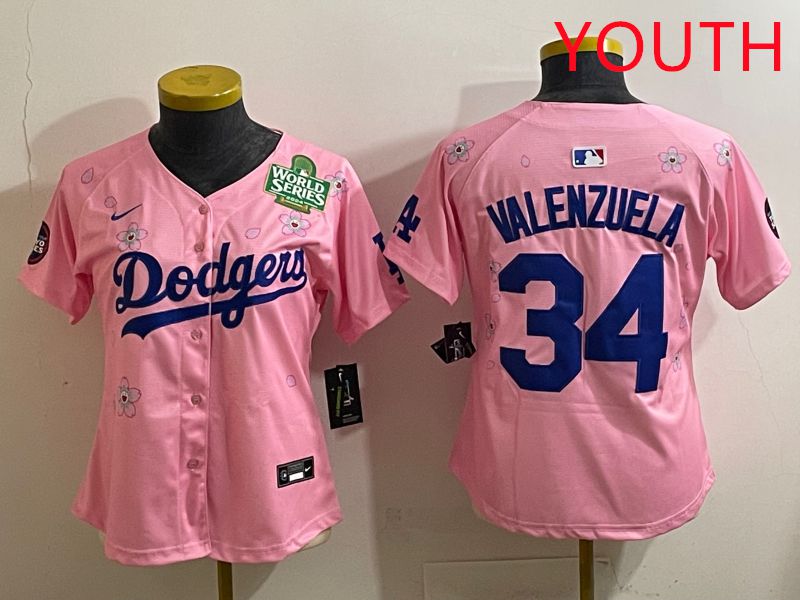 Youth Los Angeles Dodgers #34 Valenzuela Pink Sakura Edition 2025 Nike MLB Jersey style 38->youth mlb jersey->Youth Jersey